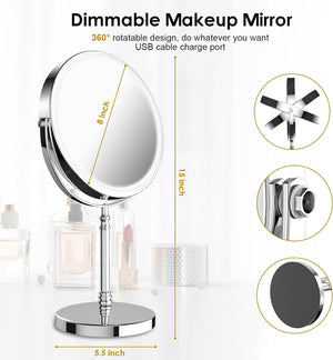 Lighted Makeup Mirror, 8" Rechargeable Double Sided Magnifying Mirror with 3 Colors, 1x/10x 360° Rotation Touch, Chrome