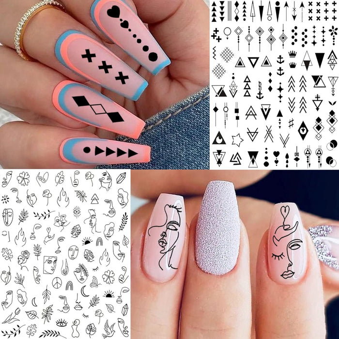 6 Sheets Self-Adhesive Snake Heart Moon Star Nail Art Sticker Decals, Abstract Lady Face Nail Stickers