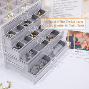 Earring Jewelry Organizer with 5 Drawers, Gift for Mom, Clear Acrylic Jewelry Box, Gray