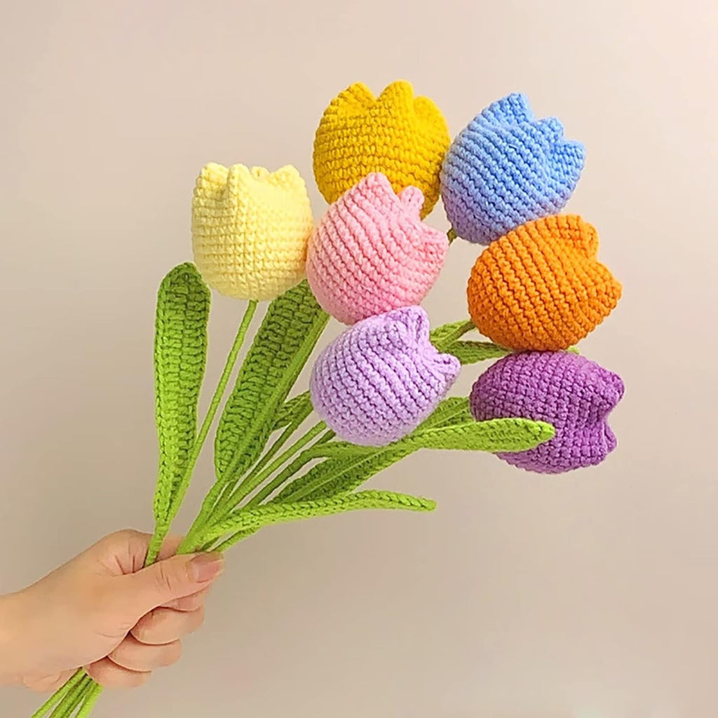 7PCS Fake Tulips Artificial Flowers Handmade Knitted Tulip Bouquet Crochet Flower