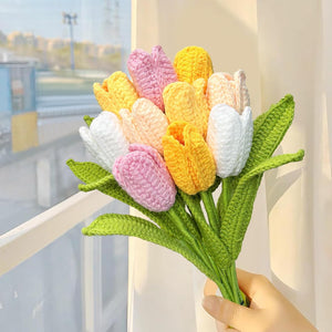 10PCS Crochet Tulip Flower Knitted Bouquet Faux Tulips for Home Office Wedding Decor, Yellow