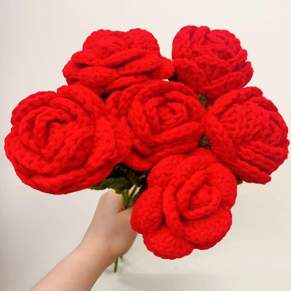 6 Pcs Hand Made Knitted Fake Rose Artificial Flowers for Decoration Crochet Flower, Red