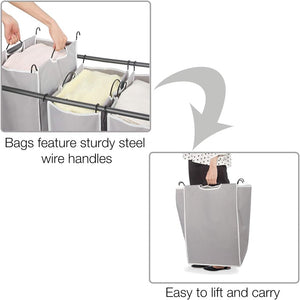 4 Bag Laundry Hamper with Wheels and Removable Bags, Gray