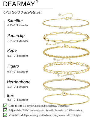 14K Real Gold Jewelry Sets for Women Trendy Thin Dainty Stackable Cuban Link Paperclip Chain Bracelet , 6pcs