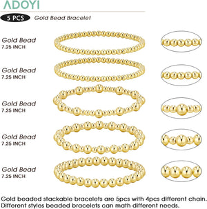 14K Gold Plated Beaded Bracelets Gold Stretch Bead Ball Bracelet stack Set Adjustable, 5pcs Gold A