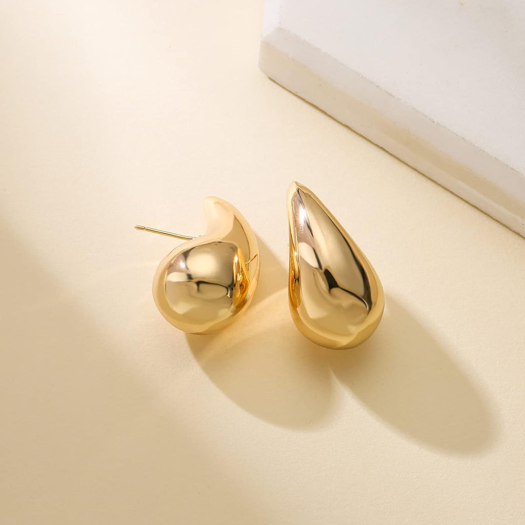 Chunky Gold Hoop Earrings for Women, Lightweight Waterdrop Hollow Open Hoops, Gold