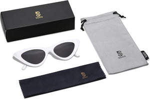 Retro Vintage Narrow Cat Eye Sunglasses for Women Clout Goggles Plastic Frame, White / Grey