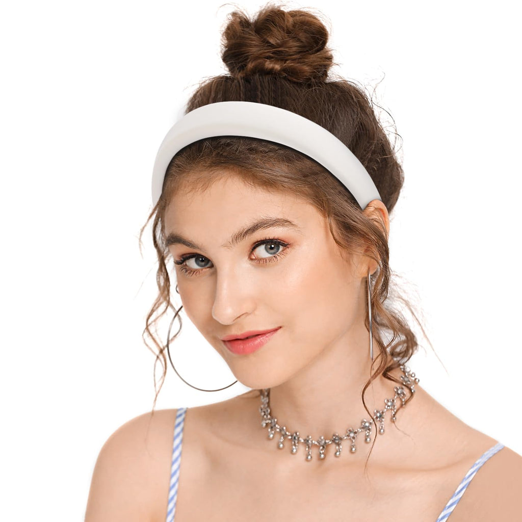 Padded Headband for Women, Wide Sponge HeadBands Plain Solid Hair Band Hoops, White