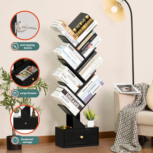 8 Tier Tree Bookshelf with Drawer, Free Standing Wood Bookcase, Black