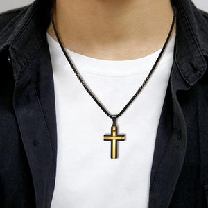 Stainless Steel Double Layer Cross Pendant Necklace for Men, 24" Box Chain, Black and Gold