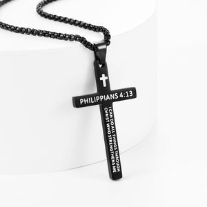 Bible Verse Cross Necklace for Men, Stainless Steel Mens Necklace, Black/Gold/Silver Tone Cross Pendant for Men, 22 inches