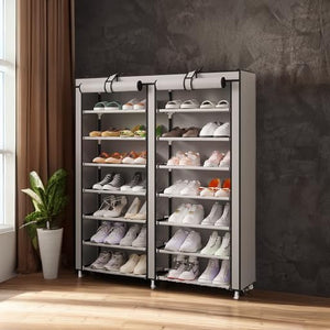 Double Row Portable Nonwoven Fabric Cover Shoe Rack Holds up to 28 Pairs 36.2 x 11.2 x49.2 Inches Grey