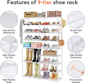 9 Tiers Stackable Shoe Tower/Rack/Stand for Closet, Boot Organizer with 2 Hooks