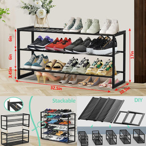 Bamboo Shoe Rack for Closet, Stackable 3 Tier Longer Shoe Organizer Shelf Holder Storage 12-15 Pairs, Black