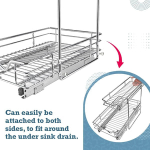 2 Tier slide out Cabinet Organizer With Sliding Drawers For Inside Cabinets- 11"W x 18"D x 15”H, Chrome