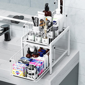 2 Tier Sliding Basket Drawer Organizer, Pull Out Under Sink Cabinets Organizer, Metal Home Organizer Shelf, White