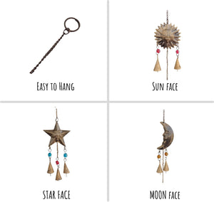 Sun Moon Star Face Wall Hanging Decor Chime Bells, Wicca Pagan Christmas Decor -Antique Gold