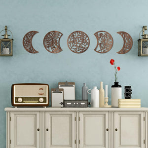 5 Pieces Moon Phase Wall Hanging Decor Wooden Moon Wall Art (Brown)