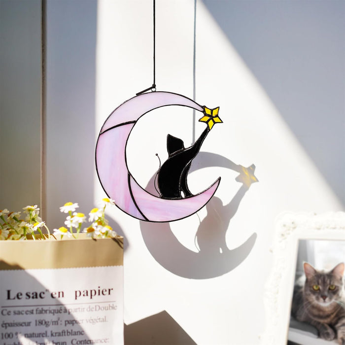 6.5'' Black Cat Decor on Purple Moon Stained Glass Window Hanging Suncatcher