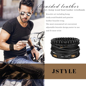 4Pcs Braided Leather Bracelet for Women Mens Cuff Bead Bracelet Set Adjustable Black And Brown