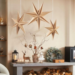 3PCS 12inch 7-Pointed Natural Paper Star Landerns Hanging Decoration Set Festive Holiday Decor , Brown