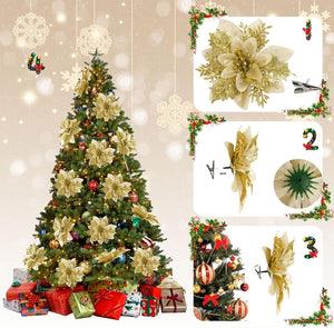 15 PCS Gold Poinsettia Flower Artificial Poinsettia with Clips Christmas Decor Glitter Ornaments