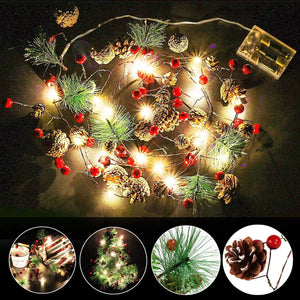 7.8 FT PineCones String Lights, christmas pine cone light string, 20 LED Red Berry Pine Cone Garland Lights