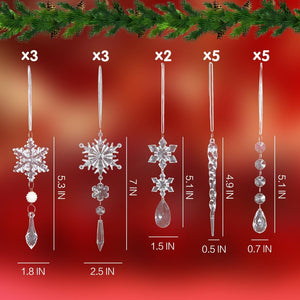 18pcs Crystal Christmas Tree Ornaments, Hanging Acrylic Snowflake Icicle Ornaments with Drop Pendants f