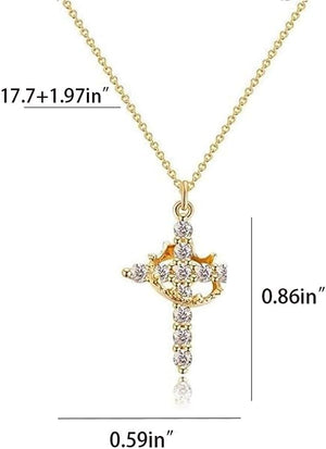 Paved Cross Rotated Crown Necklace for Women, Dainty Diamond Cross Cute Gold Jewelry Set