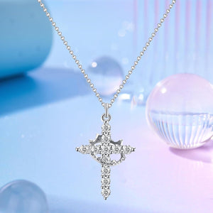Cross Rotated Crown Necklace Gold Cross Pendant Dainty Cross Cubic Zirconia, Silver
