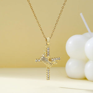 Crown Cross Necklace Cross Crown Pendant Rhinestone Necklace for Women Gold