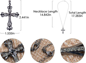 Womens Black Silver Clear Crystal Rhinestones Celtic Holy Cross Pendant Necklace, Black