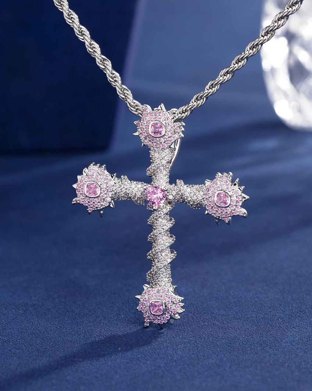 White Gold Plated Cubic Zirconia Stone Cross Necklace With Rope Chain