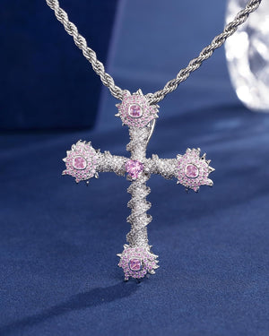 White Gold Plated Cubic Zirconia Stone Cross Necklace With Rope Chain