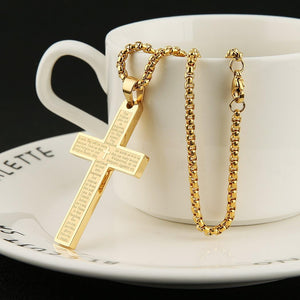 Stainless Steel Mens Womens Cross Necklace Lord's Prayer Pendant, Gold