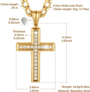 24K Gold-Plated Solid CZ Cross Necklace for Men Women Stainless Steel Religion Jewelry with 24 Inch Figaro Chain