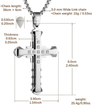 Men's Large Byzantium Stainless Steel Cubic Zirconia Cross Necklace Pendant 22 + 2 Inch Chain, SIlver