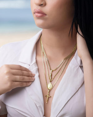 18K Gold Plated Flat Mariner/Marina 060 3MM Chain Necklace With Cross Pendant., Gold