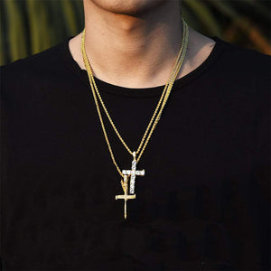 14K Gold Plated Large Nail Cross Chain Iced out CZ Pendant Hip Hop Jewelry for Women with Stainless Rope Chain