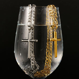 Stainless Steel Figaro Necklace,18K Gold Plated Cross Pendant Chain,18-24 IN with Flannel Bag