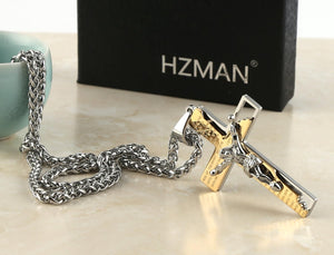 Men's Stainless Steel Cross Crucifix Bible Prayer Pendant Necklace 22+2" Chain, Gold