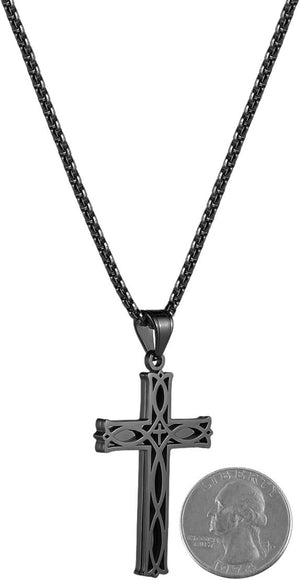 Men's Stainless Steel Infinity Celtic Cross Irish Knot Pendant Necklace, 22+2" Link Chain, Black