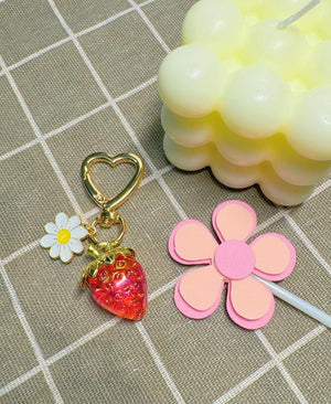 Cute Strawberry Keychain for Women, Girls Bag Charm Key Chain Accessories, Heart Flower Keychains for Purse, Clear Red