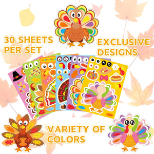 30 Sheets Make a Turkey Face Stickers, Thanksgiving Crafts Gifts for Toddlers