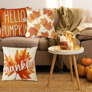 4 Pack Fall Pillow Covers Decoration,18x18in Farmhouse Orange Maple Leaf Thanksgiving Throw Pillows Cushion Case