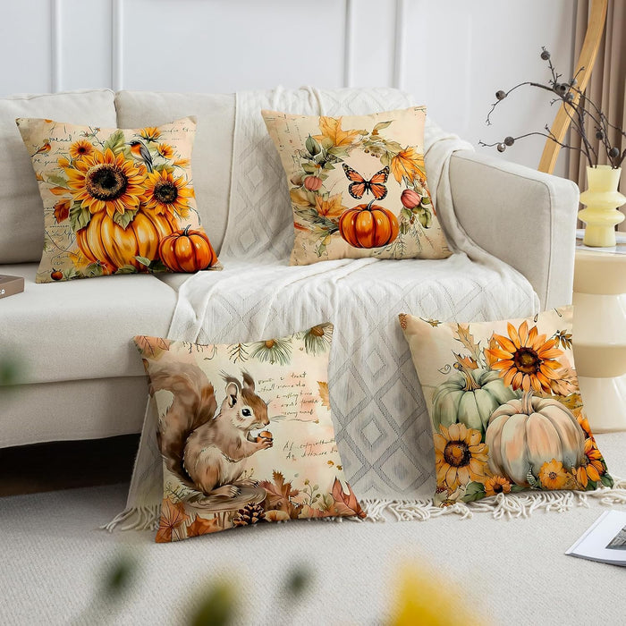 Set of 4 Pumpkin Sunflower Autumn Harvest Throw Pillow Cases Squirrel Decorative, 18 x 18 inches