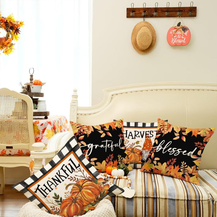 Fall Decorative Throw Pillow Covers 20 x 20 Inch Set of 4, Thankful Grateful Blessed Harvest Pumpkin Gnome Thanksgiving