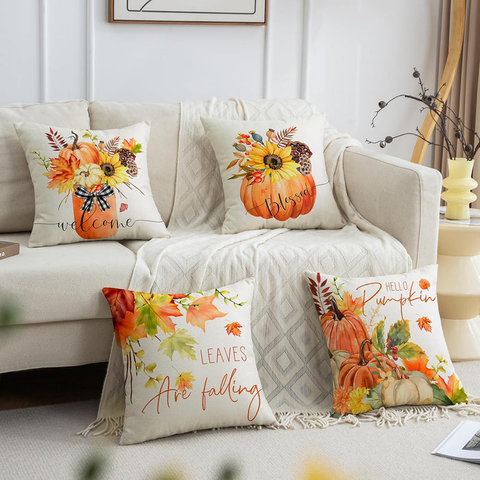 Fall Decor Pillow Covers 18x18 Set of 4 Pumpkin Maple Leaves Sunflower Vase Fall Outdoor Throw Pillows Covers