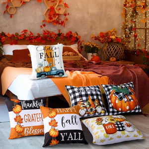 6 Pcs Thanksgiving Pumpkin Pillow Covers 18 x 18 Inch Fall Gnome Leaves Pillow Covers Buffalo Plaid Mason Jar Decorative