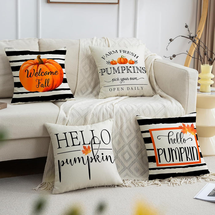 Fall Pumpkin Pillow Cover 18x18 Fall Decor Cushion Cover Autumn Stripe Throw Pillow Cover, 4 Pieces